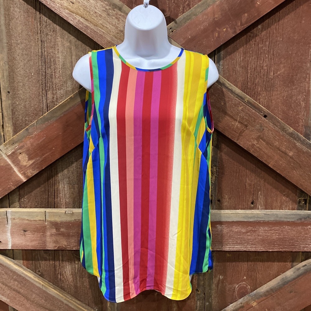 Cynthia Rowley Bright Sateen Sleeveless Shirt Striped Rainbow Medium Career Fun